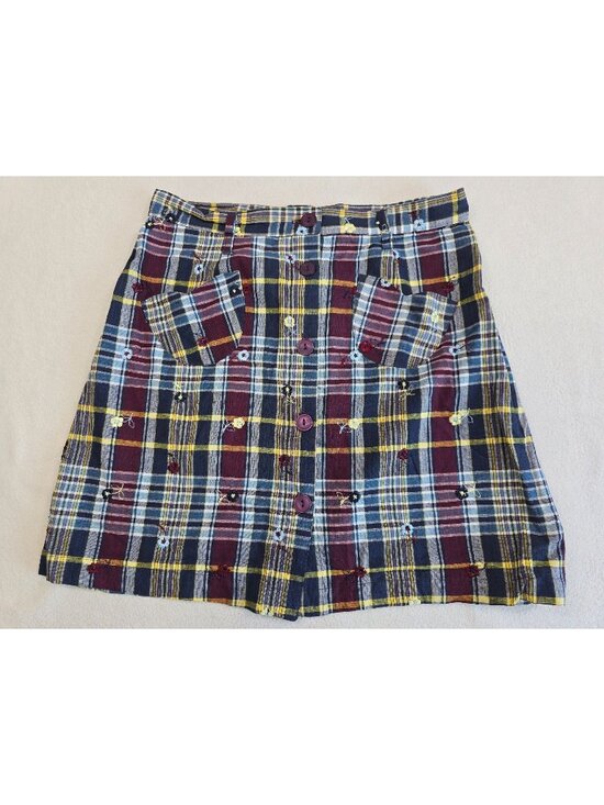 Esprit Dresses & Skirts - Vintage Y2K Esprit Plaid Skirt 11/12 Button Front 100% Cotton Floral Embroidery